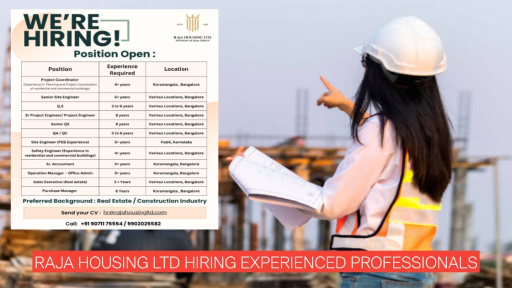 Latest Real Estate Jobs 2026 in Bangalore | Raja Housing Ltd Hiring Experienced Professionals Across Multiple Roles